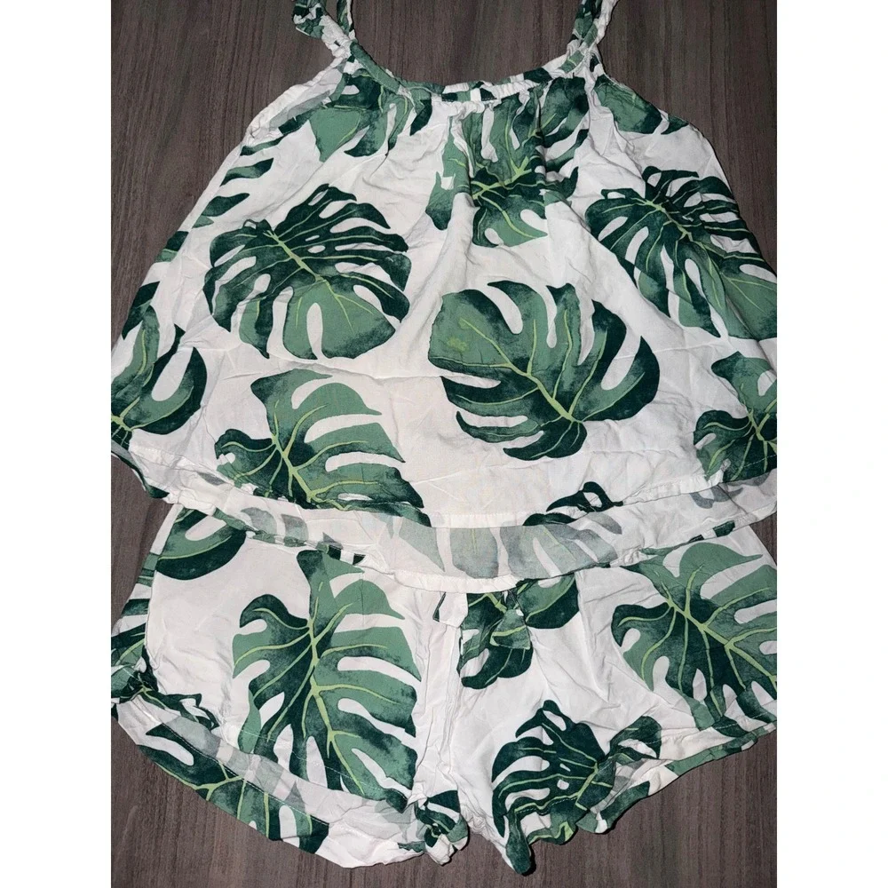 Piyama Womens XS Monstera Leaf Tropical Pajama Set Rayon Cami Shorts Green CR5